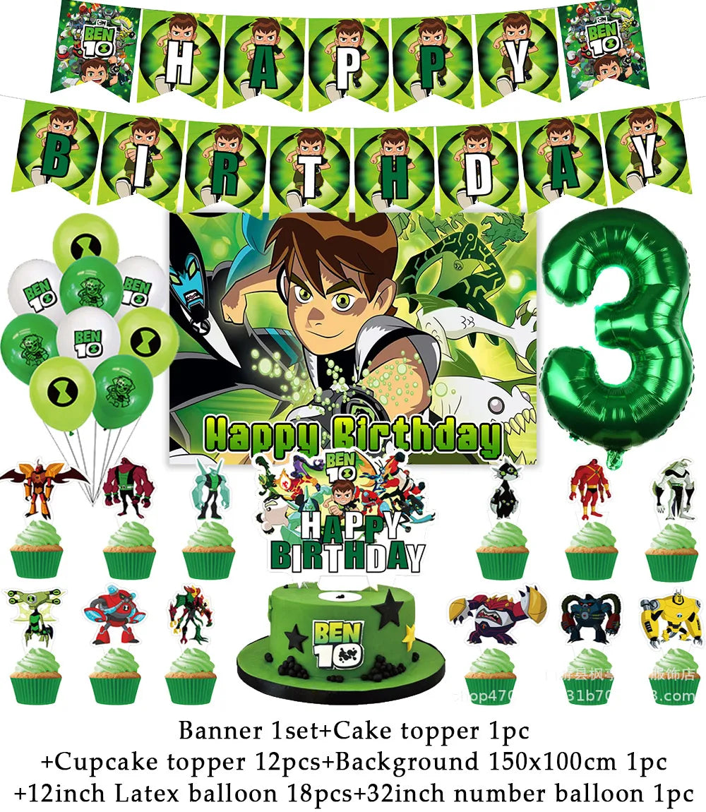 Cartoon Ben-10 Birthday Party Decoration Balloons Favor Set Banner Cake Toppers Baby Shower Boys Gift Party Supplies Photo Prop