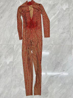 Crimson Red Rhinestone Catsuit Long Sleeve Illusion Stage Performance Jumpsuit