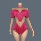 Sparkly Rhinestone Tassel Fringe Dance Performance Costume Stage Bodysuit
