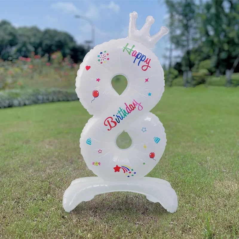 Birthday Digital Balloon White Standing 32 inch Happy Birthday Printed Aluminum Film Birthday Party Crown Balloon