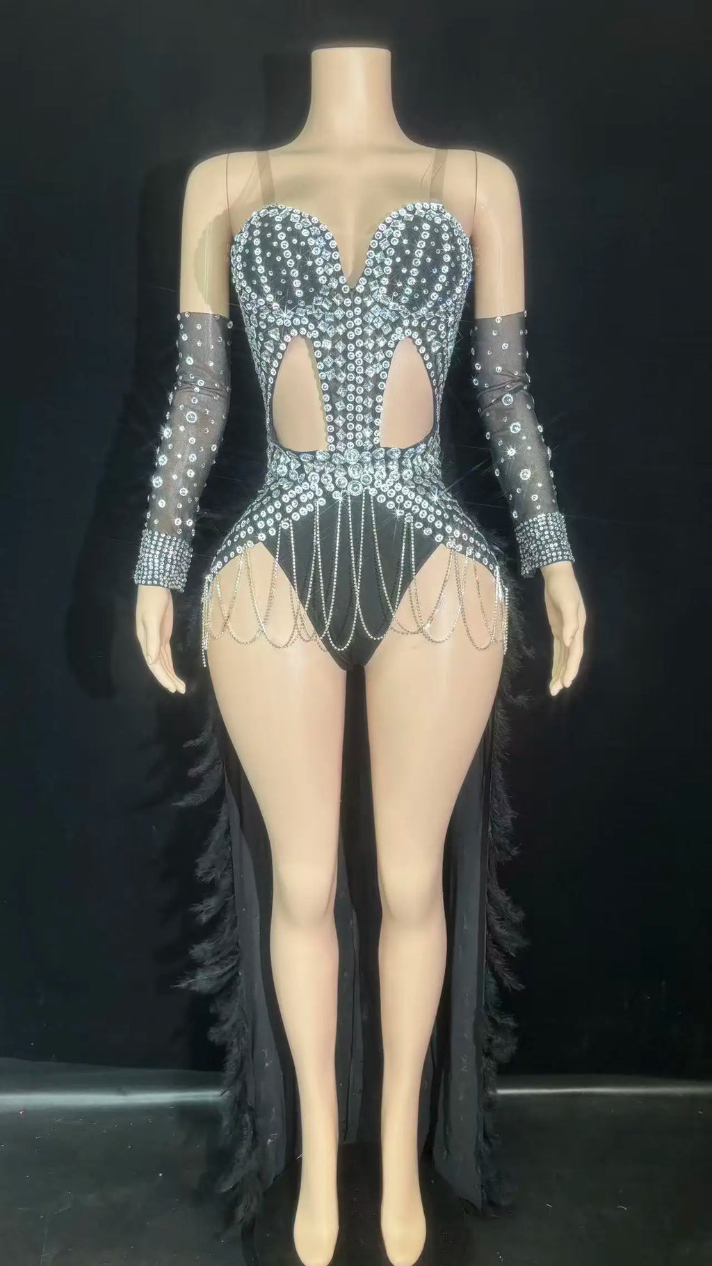 Rhinestone Chain Bodysuit with Detachable Feather Train & Sleeves 3-Piece Stage Costume Set