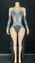 Rhinestone Chain Bodysuit with Detachable Feather Train & Sleeves 3-Piece Stage Costume Set