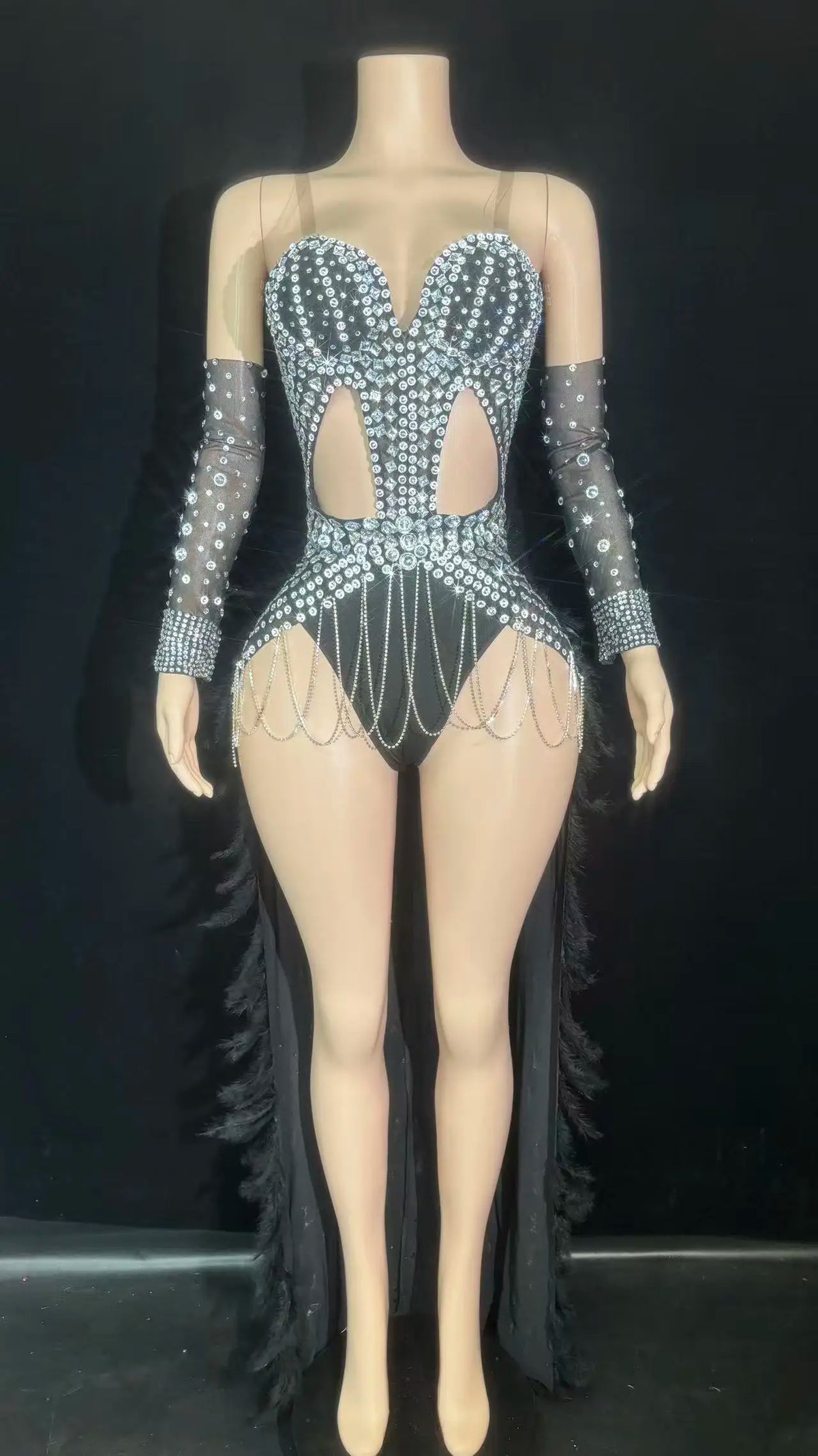 Rhinestone Chain Bodysuit with Detachable Feather Train & Sleeves 3-Piece Stage Costume Set