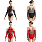 Queen of Hearts Rhinestone Halter Bodysuit & Sleeves Checkered Circus Stage Costume Set