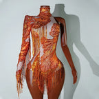 Leopard Sequin Fringe Asymmetrical Bodysuit One-Sleeve Stage Performance Costume