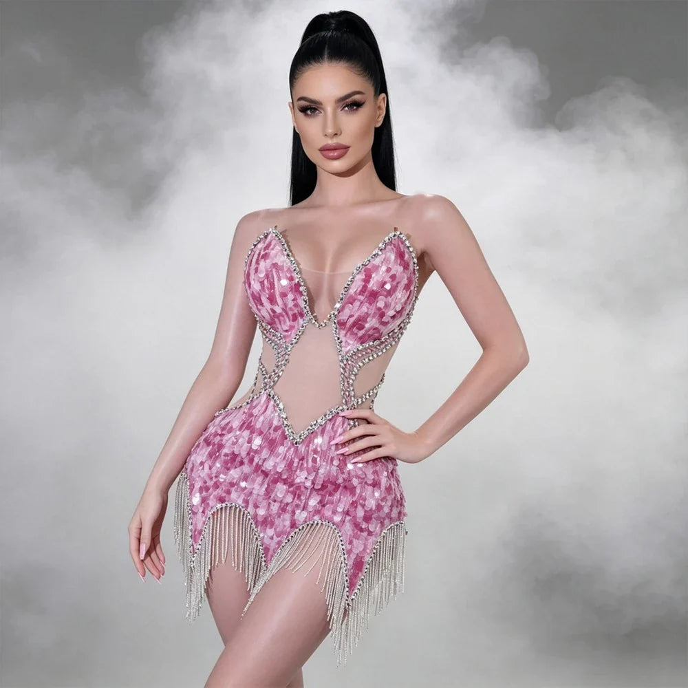 Sequin Beaded Tassels Mini Dress Crystals Mesh Bodycon Stage Performance Outfit