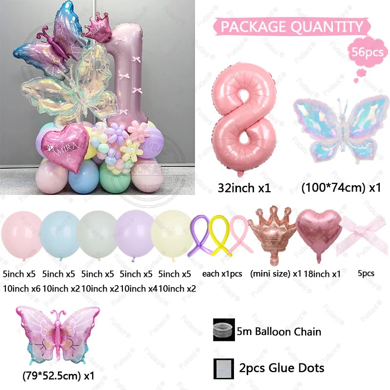 56pcs Colorful Butterfly Love Balloon Pink Number Birthday Balloon Set Festival Party Decoration Children's Baptismal Supplies