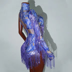 Leopard Sequin Fringe Asymmetrical Bodysuit One-Sleeve Stage Performance Costume
