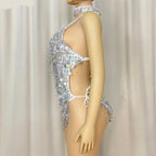 Sparkly Silver Beaded Sequin Samba Leotard Bodysuit & Necklace Set