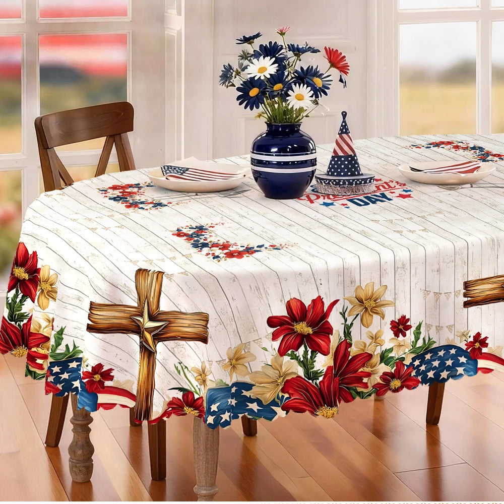 4th of July Tablecloth, Patriotic Independence Day American Flag Oval White, Blue for Outdoor BBQ Party Family Gathering