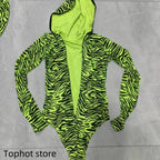 Zebra Stripe Cutout Bodysuit & Statement Big Hat 2-Piece Stage Dance Costume Set