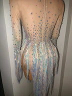 Iridescent Crystal Tassel Long Sleeve Sheer Mesh Stage Bodysuit Costume