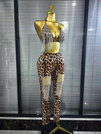 Women's Leopard Print Diamond Chain 2-Piece Bodycon Set | Slim Sequin Outfit for Nightclub & Stage