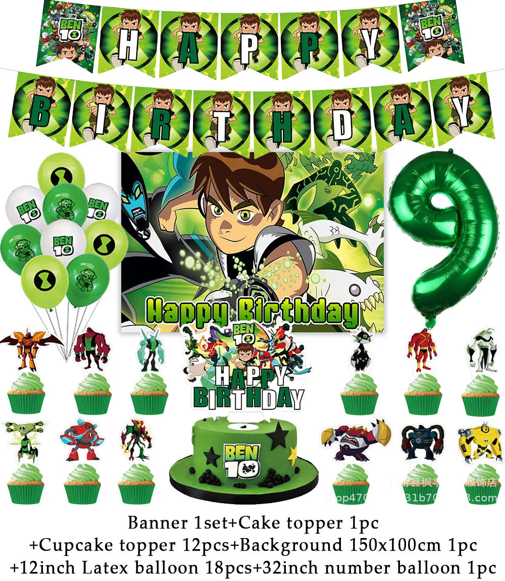 Cartoon Ben-10 Birthday Party Decoration Balloons Favor Set Banner Cake Toppers Baby Shower Boys Gift Party Supplies Photo Prop