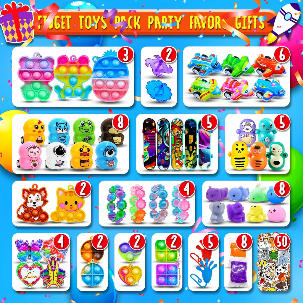 117/124Pc Kids Birthday Party Popular Pinata Stuffed Toy Finger Skateboard Tumbler Fidget Toys Carnival Prize Pinata Filler Gift