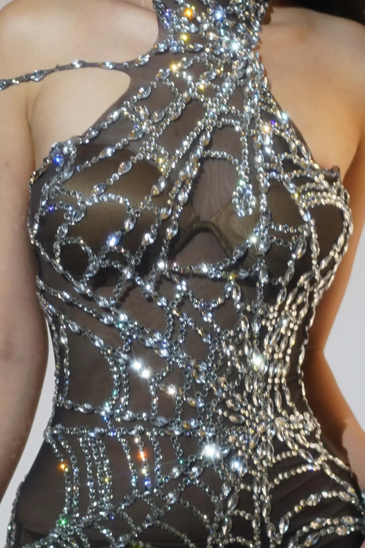 Sparkly Silver Rhinestone Spider Web Mesh Stage Performance Costume Set