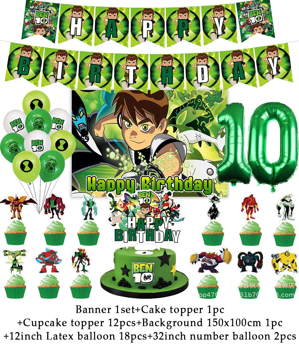 Cartoon Ben-10 Birthday Party Decoration Balloons Favor Set Banner Cake Toppers Baby Shower Boys Gift Party Supplies Photo Prop