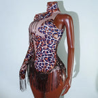 Leopard Sequin Fringe Asymmetrical Bodysuit One-Sleeve Stage Performance Costume