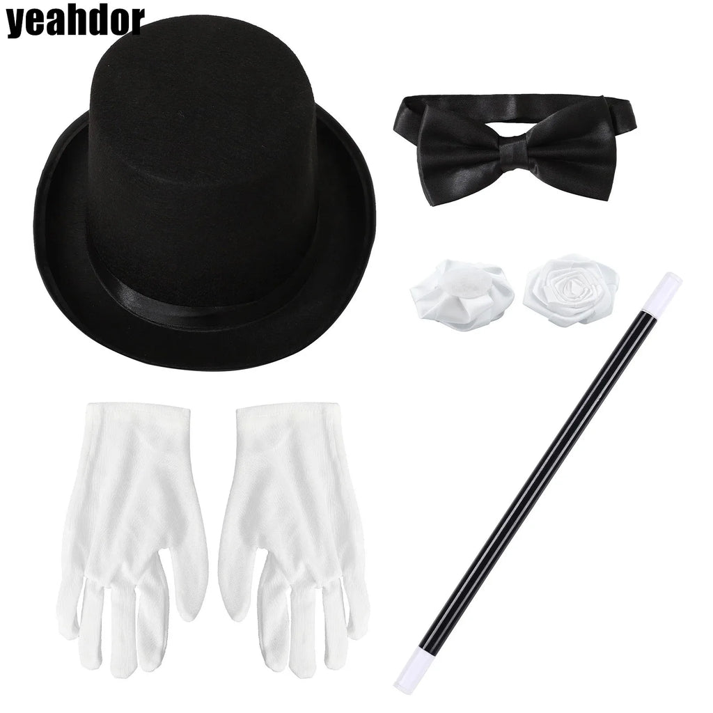 Halloween Magician Costume Accessories Bowler Hat Gloves Satin Bow Tie Ribbon Roses And Magic Wand Props for Masquerade Party - Big Tim's Magic Emporium