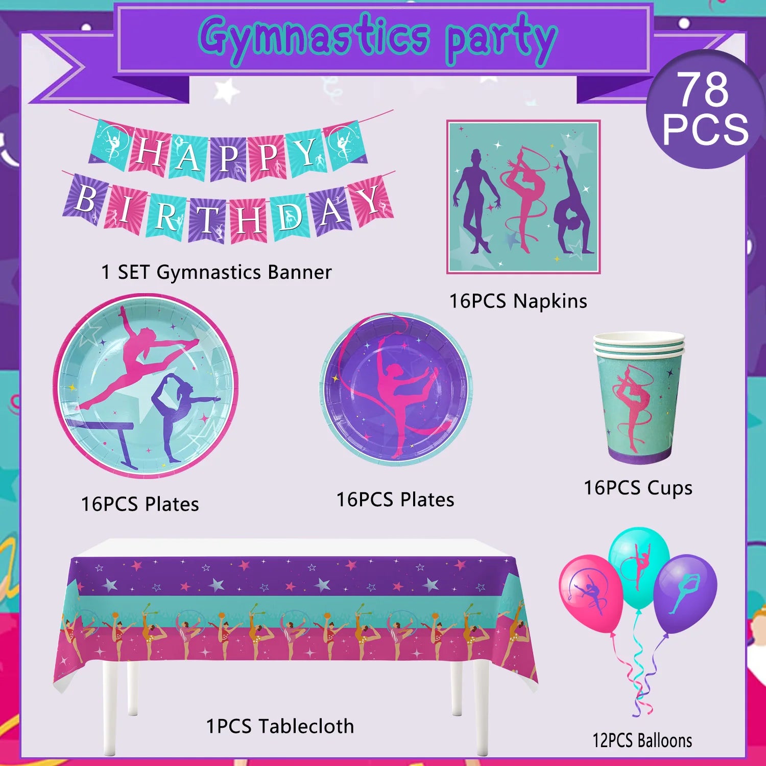 Gymnastics Birthday Party Supplies,78pcs Gymnastics Party Decorations&Tableware Kit Gymnastics Decorations for Birthday Party - Big Tim's Magic Emporium
