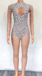 Sparkling Full Crystal Illusion Jumpsuit Long Sleeve Rhinestone Catsuit Stage Wear