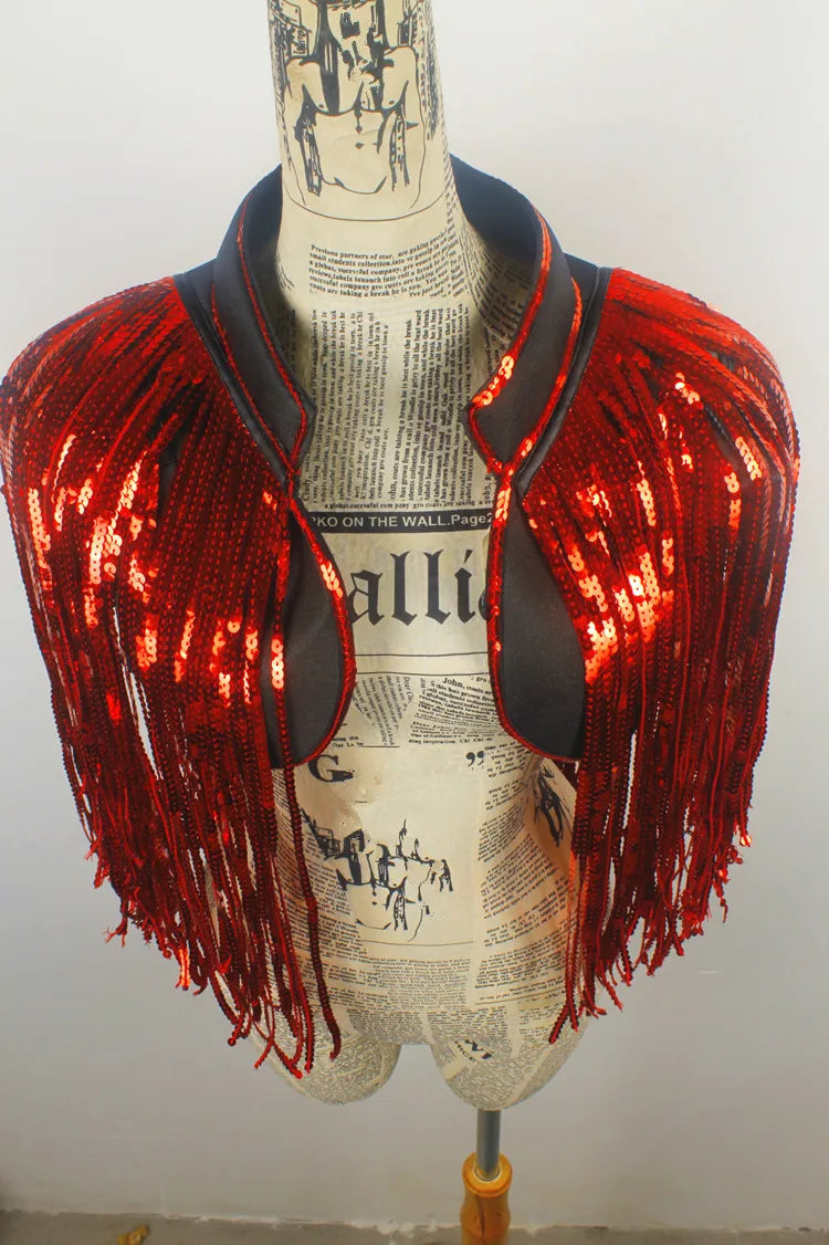 Metallic Sequin Tassel Showgirl Fringe Jacket – Unisex Stage Performance Crop Coat