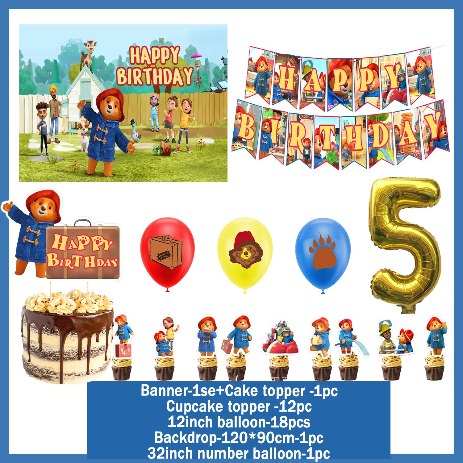 Cartoon&Paddingtons Party Supplies Happy Birthday Banner Bears Balloons Cupcake Toppers Backdrop Kids Birthday Baby Shower Gift