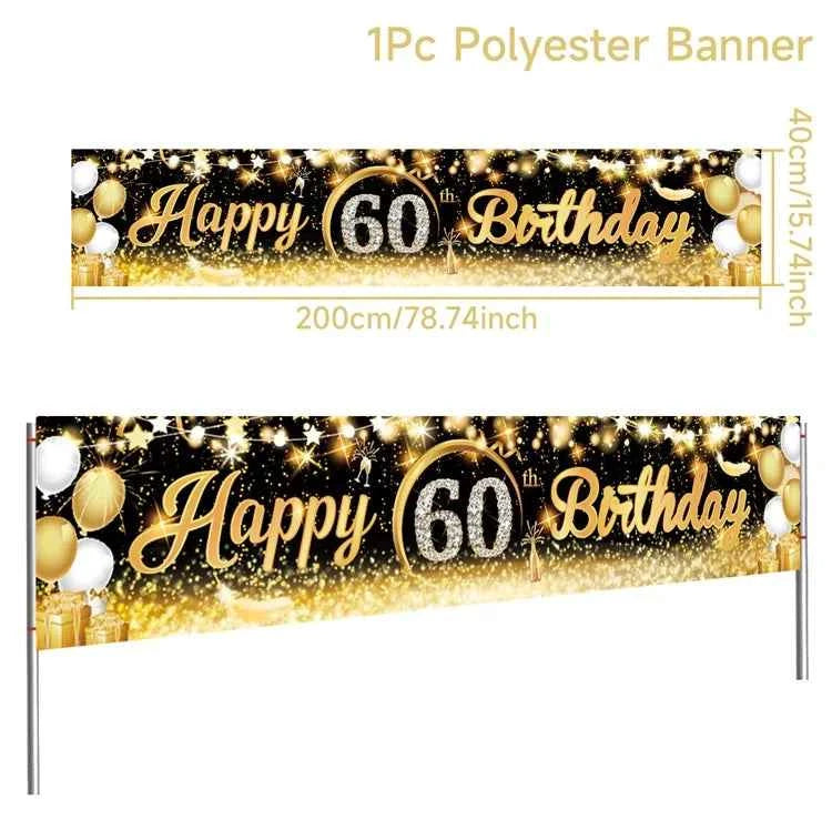 Black Gold Happy Birthday Banner Balloon Flag Adult 30th 40th 50th 60th Birthday Party Decoration Supplies Bunting Anniversary