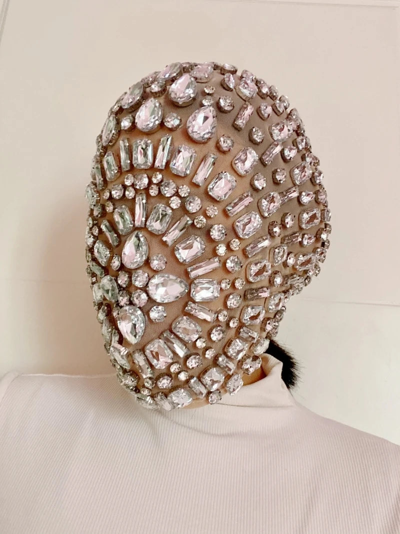 Shiny Diamond Mask for Women Men Elastic Mesh Headgear with Rhinestone Party Rave Mask DJ Dancer Stage Nightclub Headwear - Big Tim's Magic Emporium