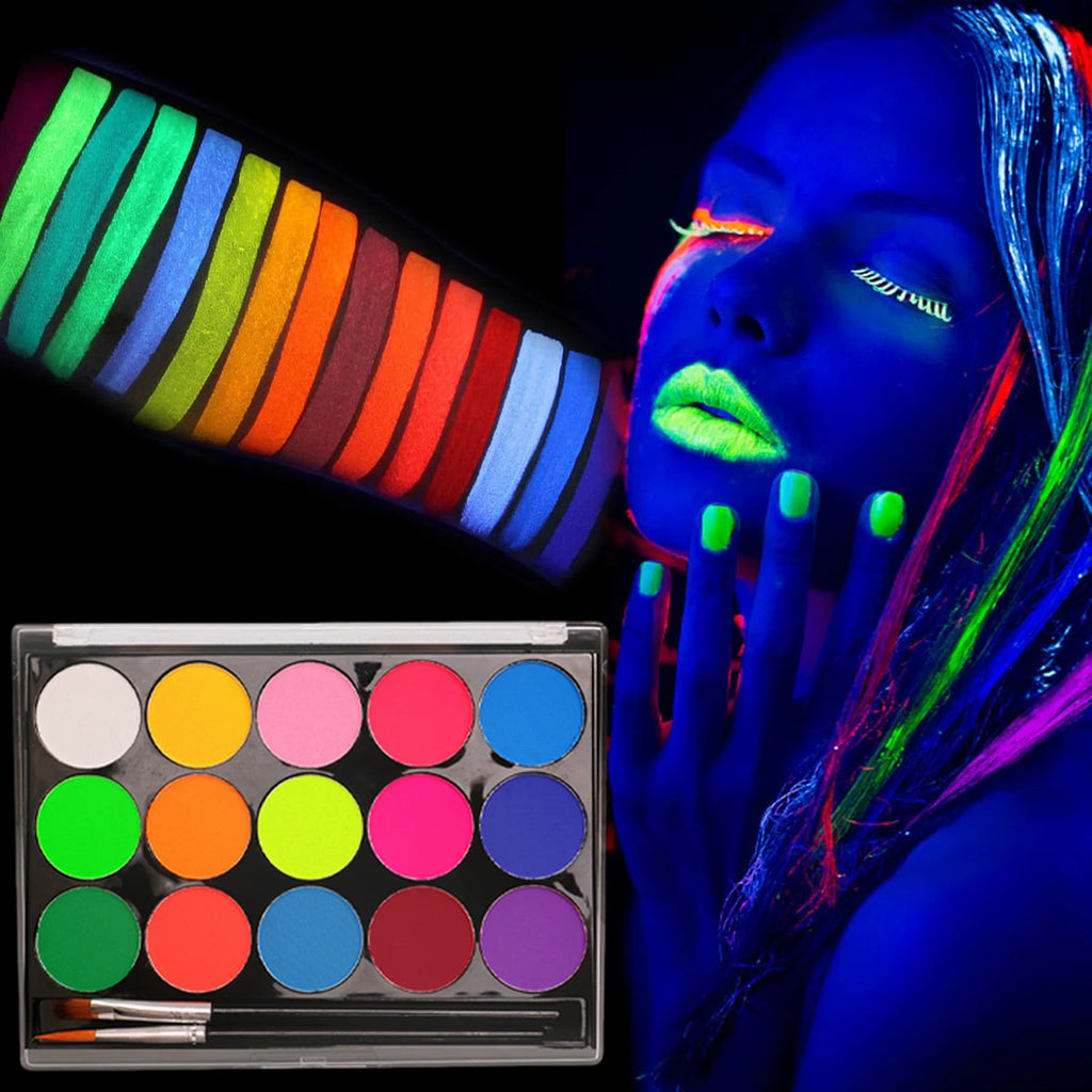 15-Color Uv Fluorescent Water-Based Face Paint Set, Body Painting, Easy to Apply, Easy to Wash Off, for Artistic Parties, Halloween, Carnival, Rainbow Role-Playing, Body Graffiti