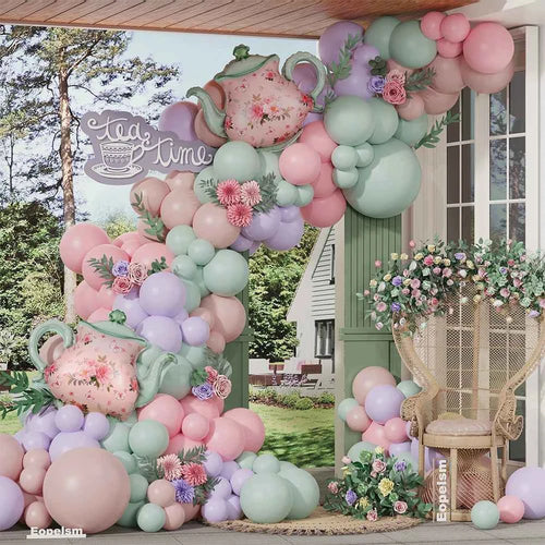 111Pcs Purple Pink Balloon Garland Kit Dusty Green Teapot Foil Balloon Mother's Day Let's Partea Spring Floral Tea Party Decor
