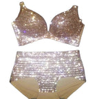 Dazzling Shimmer Crystal Bikini & High-Waist Dance Performance Costume Set