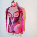 Luxury Pink Rhinestone long sleeve bodysuit Dancer Stage Wear Perform Show Girl Sheer Drag Queen Outfit Bar Nightclub