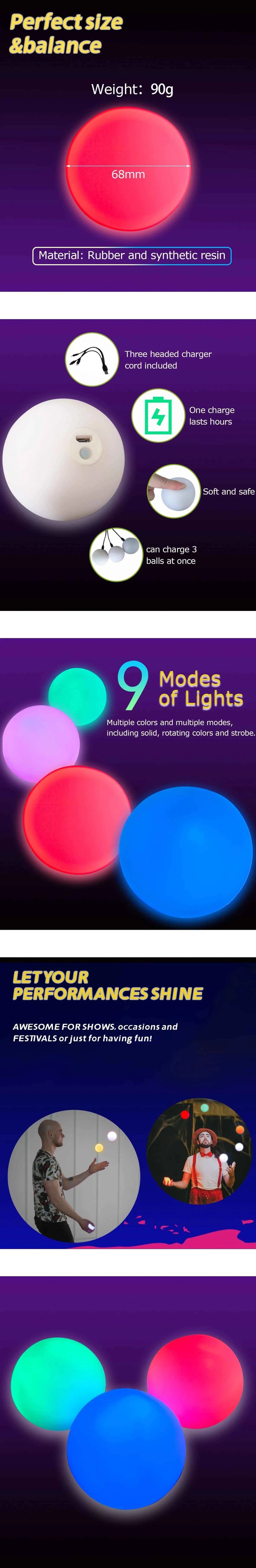 LED Juggling Balls Glow Balls USB Rechargeable Soft PVC Light up Ball （Set of 3） - Big Tim's Magic Emporium