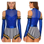 Circus Ringmaster Sequin Striped Bodysuit & Metallic Gloves 2-Piece Stage Costume Set