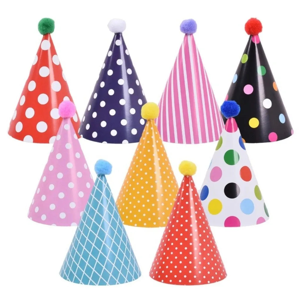 Polka Dot Birthday Party Hats Colorful Paper Party Cone Hats with Pom Poms DIY Handmade Birthday Crown Hat Birthday Photo Props - Big Tim's Magic Emporium