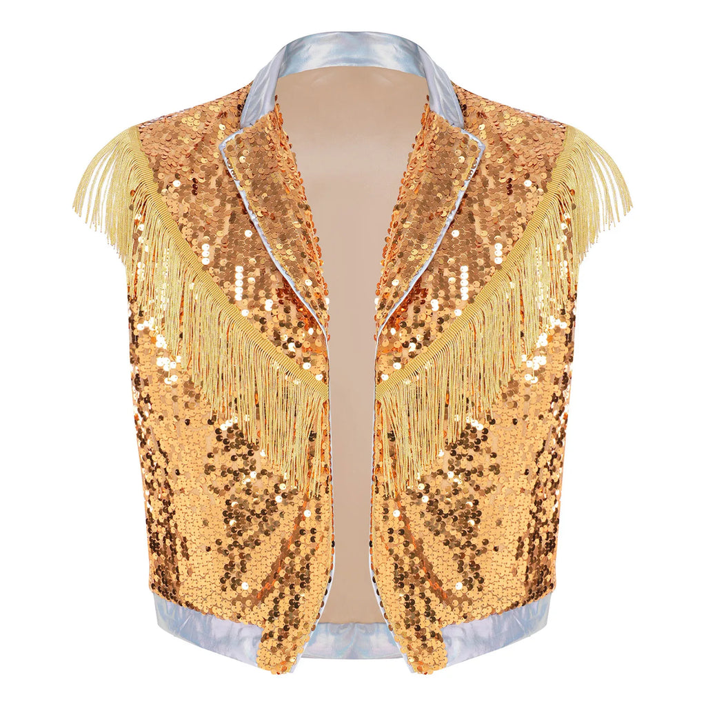 Men's Metallic Sequin Tassel Open-Front Vest Lapel Collar Sleeveless Stage Dance Waistcoat