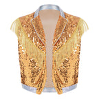 Men's Metallic Sequin Tassel Open-Front Vest Lapel Collar Sleeveless Stage Dance Waistcoat
