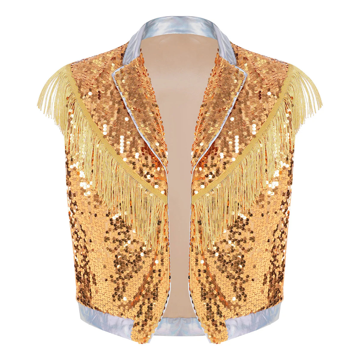 Men's Metallic Sequin Tassel Open-Front Vest Lapel Collar Sleeveless Stage Dance Waistcoat