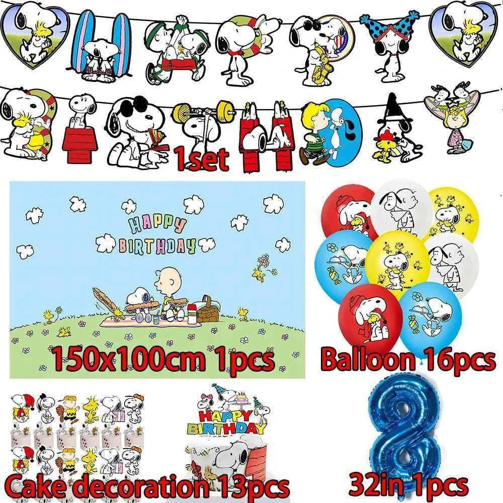Cartoon Snoopys Birthday Decoration Set Banners Cake Toppers Balloons Backdrops Kids Birthday Gifts Baby Shower Party Supplies
