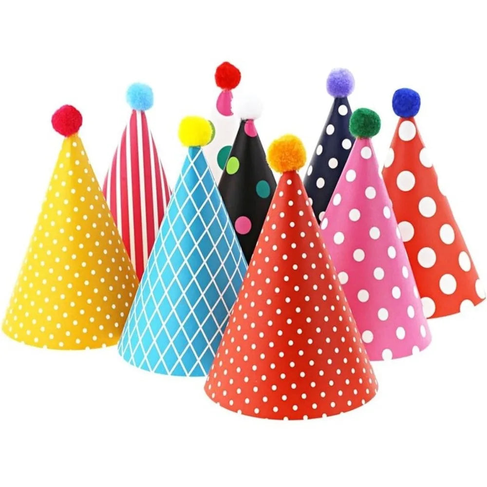 Polka Dot Birthday Party Hats Colorful Paper Party Cone Hats with Pom Poms DIY Handmade Birthday Crown Hat Birthday Photo Props - Big Tim's Magic Emporium