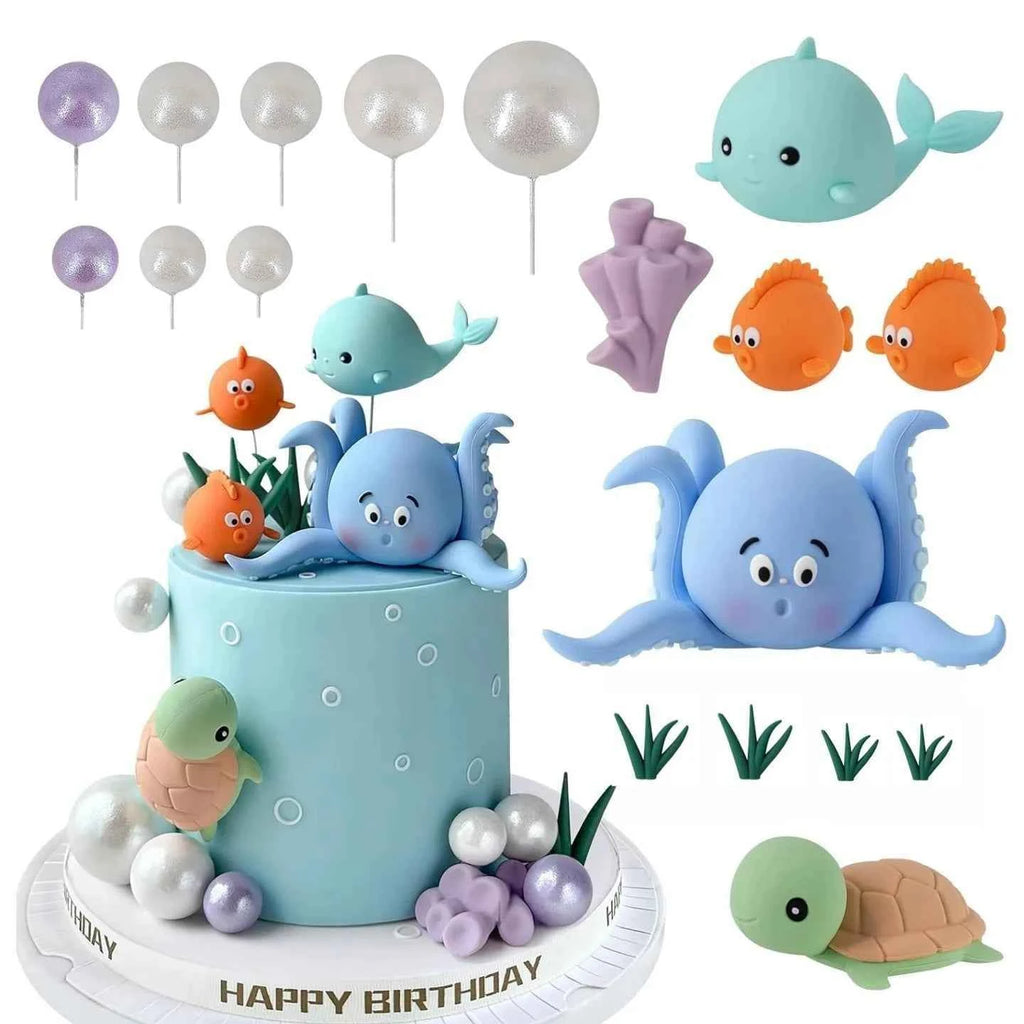 21PCS Under the Sea Cake Decorations Ocean Animals Cake Topper with Cake Balls for Boys Girls Baby Shower Birthday Party Supplie