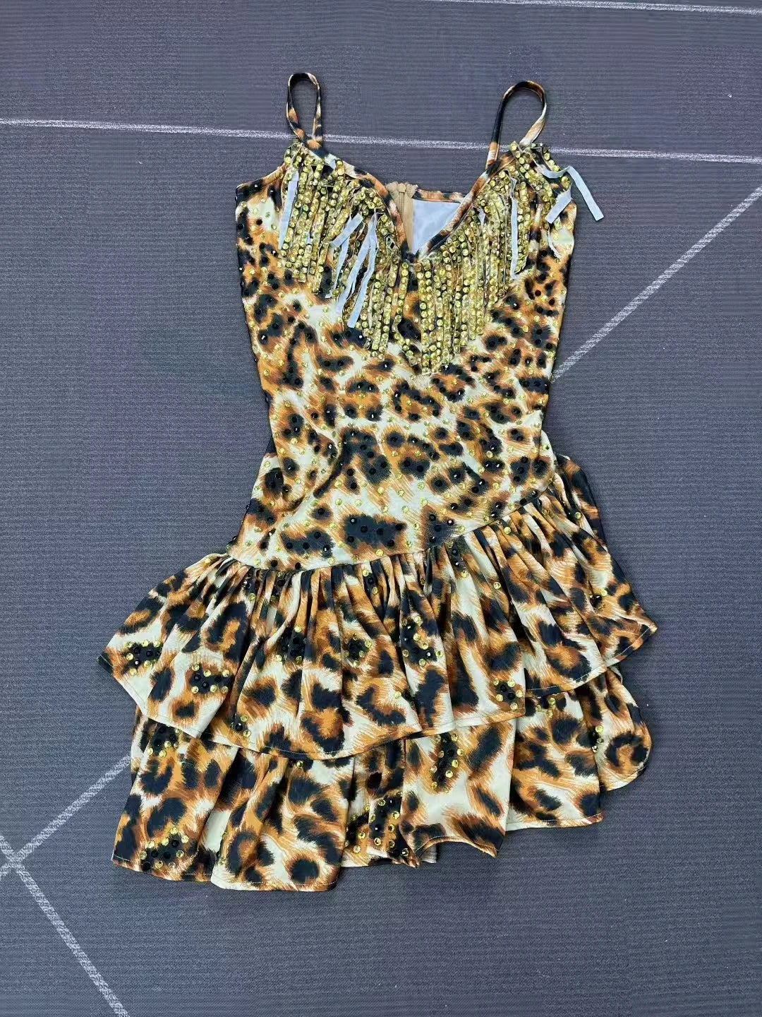 Leopard Print Crystal Sling Showgirl Mini Dress – Glamour Stage Performance Costume