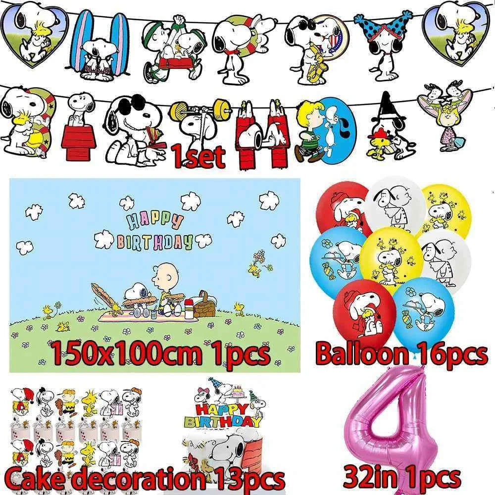 Cartoon Snoopys Birthday Decoration Set Banners Cake Toppers Balloons Backdrops Kids Birthday Gifts Baby Shower Party Supplies