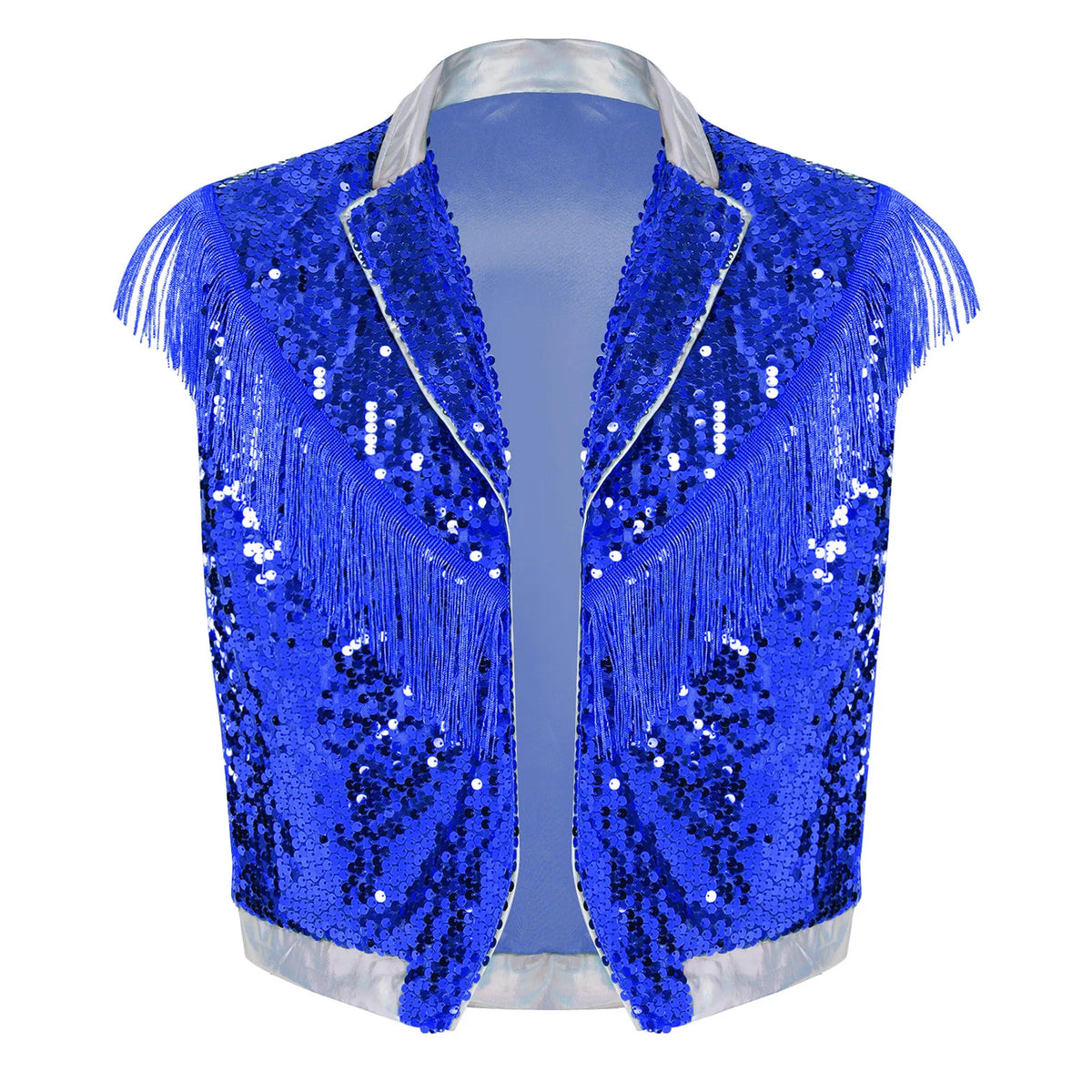Men's Metallic Sequin Tassel Open-Front Vest Lapel Collar Sleeveless Stage Dance Waistcoat