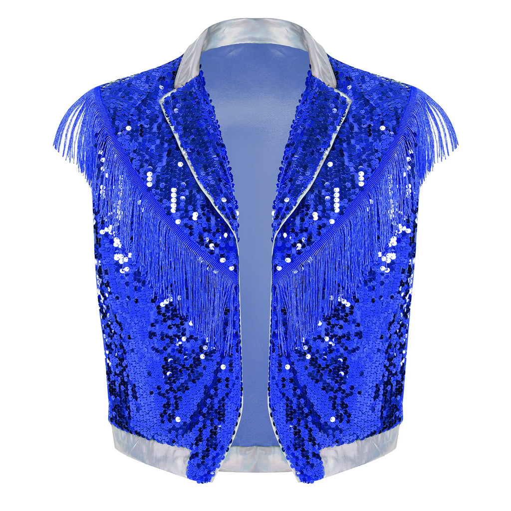 Men's Metallic Sequin Tassel Open-Front Vest Lapel Collar Sleeveless Stage Dance Waistcoat