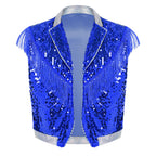 Men's Metallic Sequin Tassel Open-Front Vest Lapel Collar Sleeveless Stage Dance Waistcoat