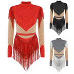 Rhinestone Sequin Tassel Long Sleeve Dance Jumpsuit Bodysuit