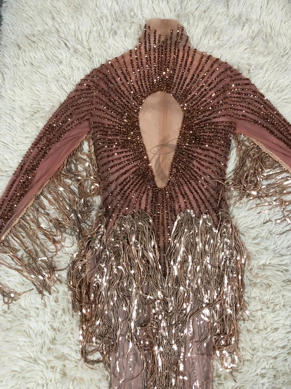 Gold Crystal Fringe Illusion Mini Dress Sparkly Rhinestone Stage Dance Costume