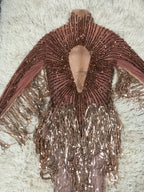 Gold Crystal Fringe Illusion Mini Dress Sparkly Rhinestone Stage Dance Costume